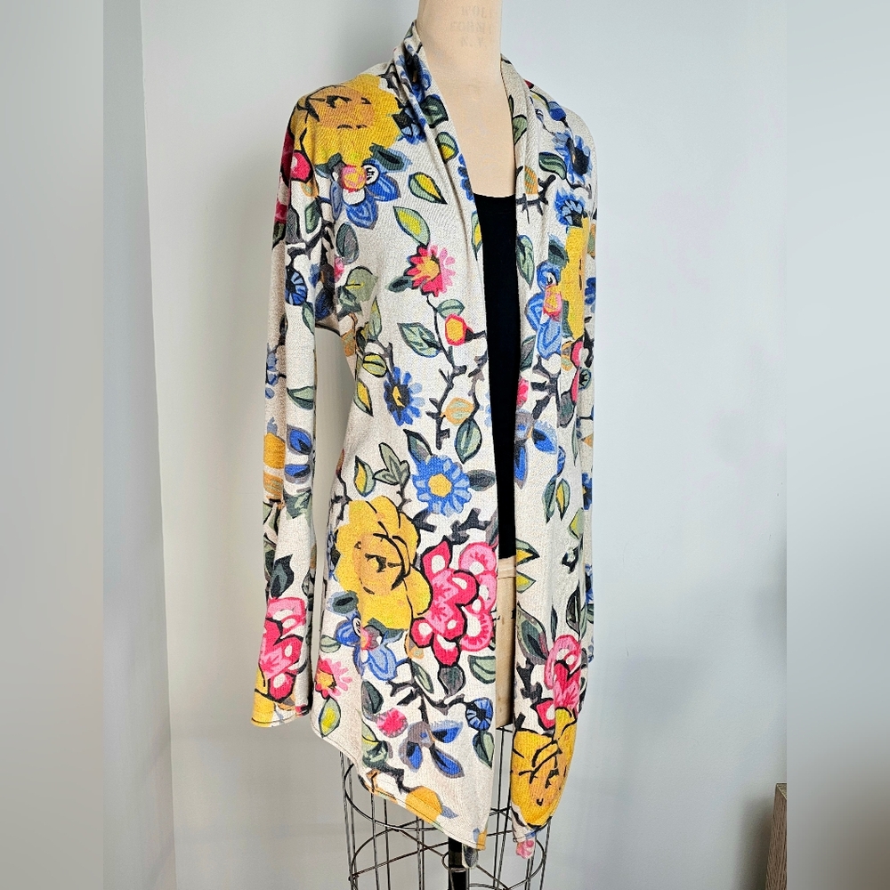 Tabitha Webb Floral Draped Cardigan Size XL Wool Cotton Open Front Wrap Sweater